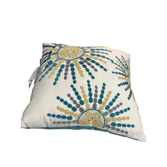 Pier 1 Embroidered Sunburst Pillow Teal Gold White 16 x 16 - Picture 8 of 11